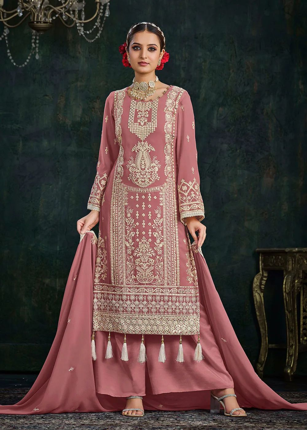 Ethereal Pink Foil Mirror Embroidered Palazzo Salwar Suit