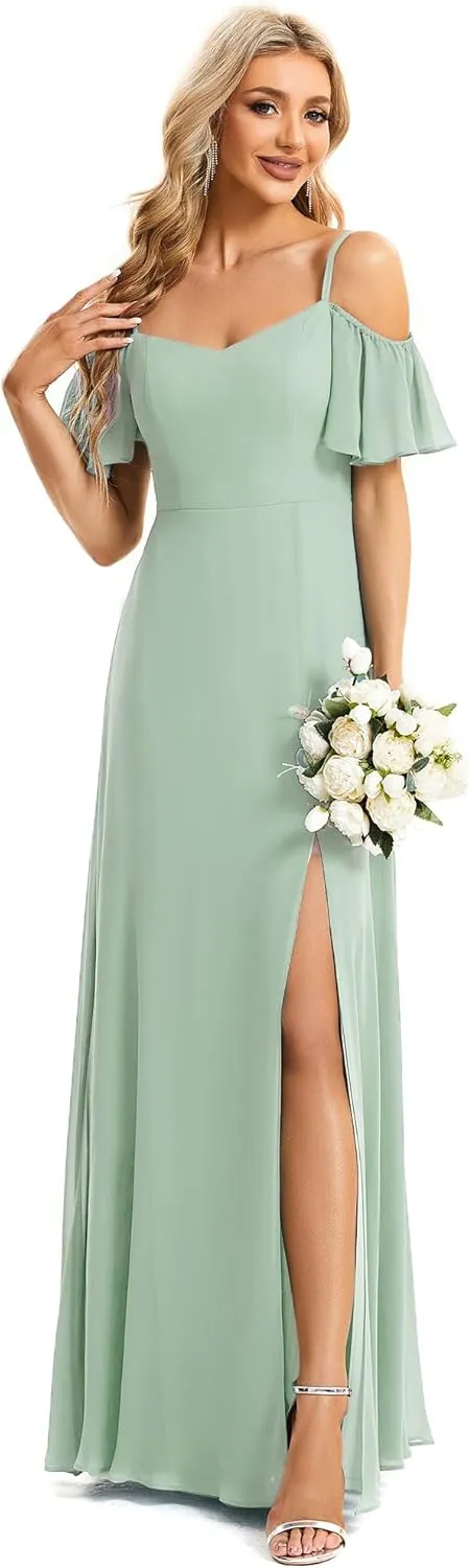 Ever-Pretty Women's Formal Dresses Off Shoulder Short Sleeve Split A-Line Floor Length Bridesmaid Dresses 0237