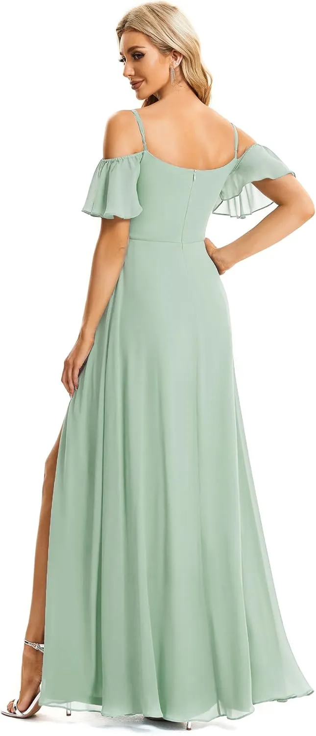 Ever-Pretty Women's Formal Dresses Off Shoulder Short Sleeve Split A-Line Floor Length Bridesmaid Dresses 0237
