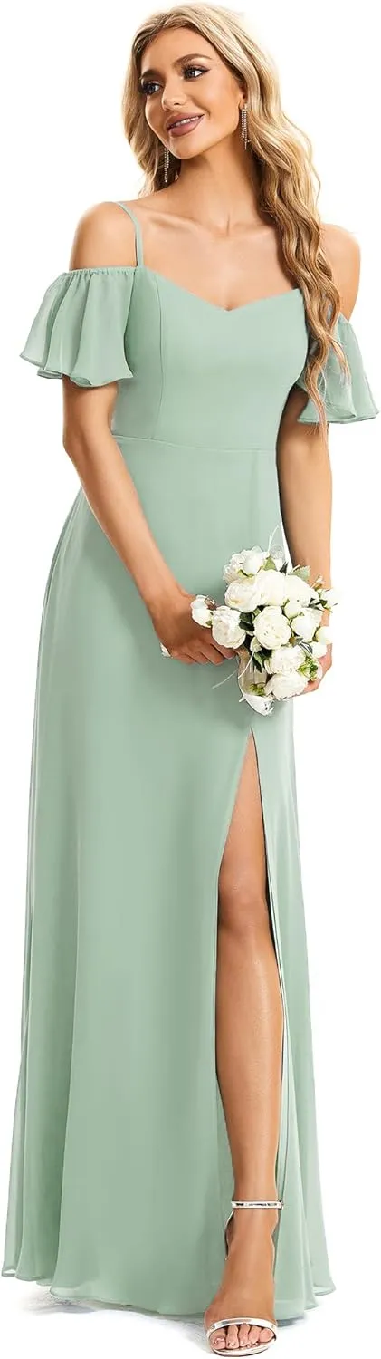 Ever-Pretty Women's Formal Dresses Off Shoulder Short Sleeve Split A-Line Floor Length Bridesmaid Dresses 0237
