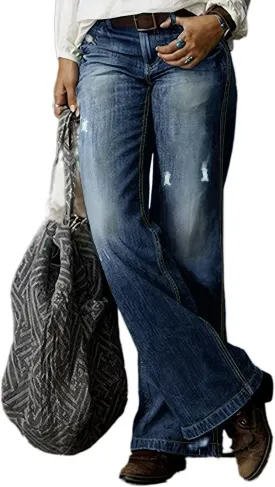 Flamingals Straight Leg Jeans for Women Ripped Raw Hem Mid Waisted Bootcut Jeans Without Belts