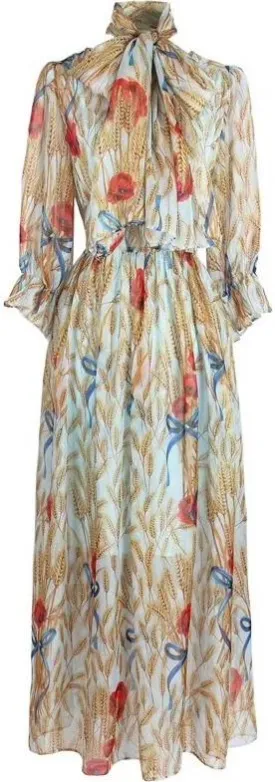 Floral & Wheat Print Silk Chiffon Dress