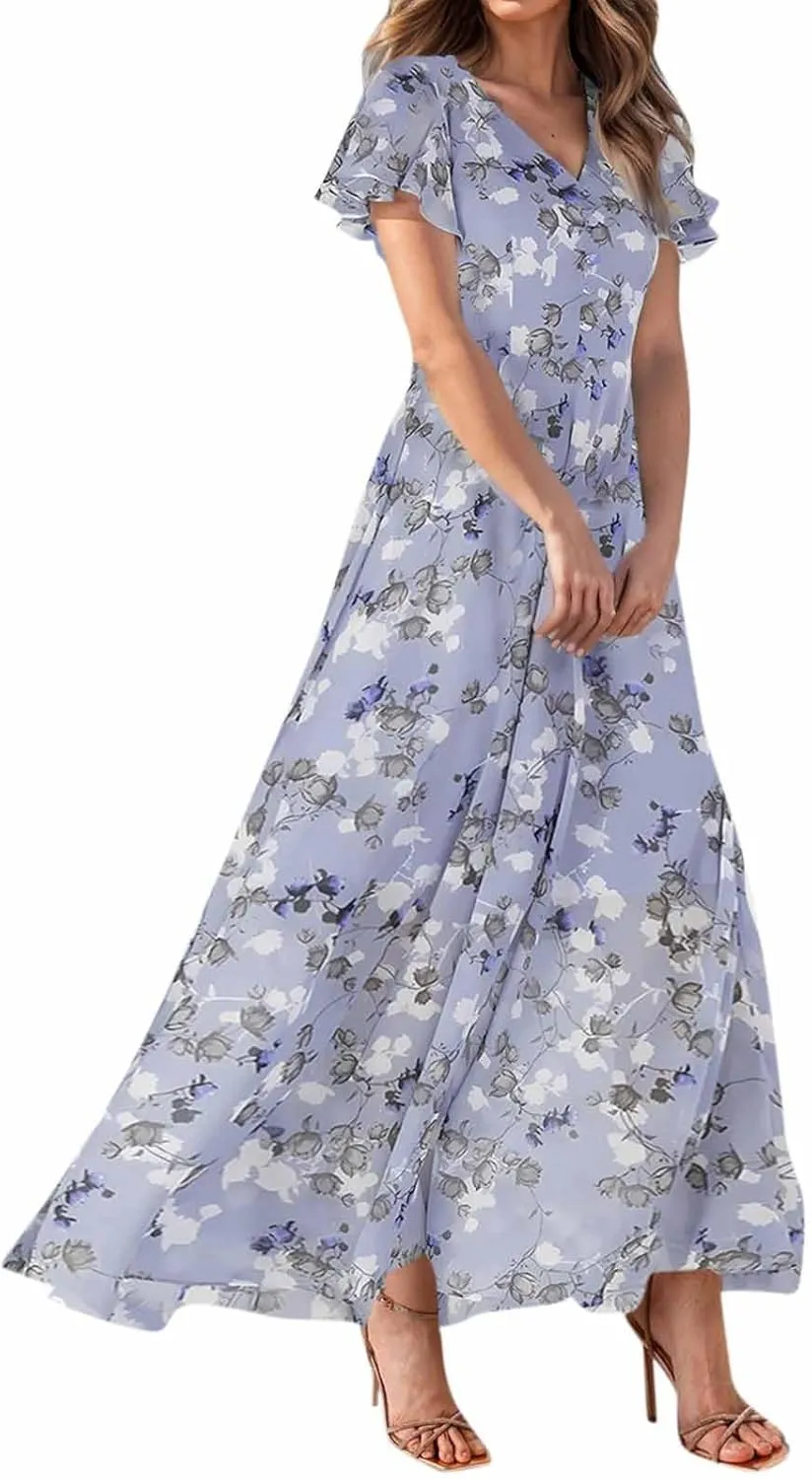 Floral Maxi Dress Casual Summer Chiffon Short Sleeve A Line Dresses for Wedding Guest Classy Tea Party V Neck Dress
