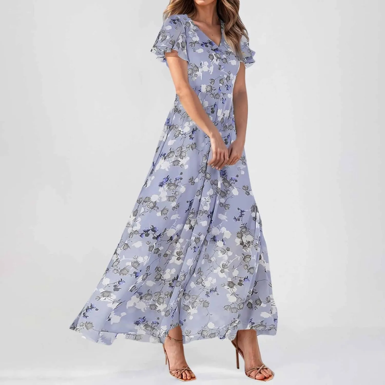 Floral Maxi Dress Casual Summer Chiffon Short Sleeve A Line Dresses for Wedding Guest Classy Tea Party V Neck Dress