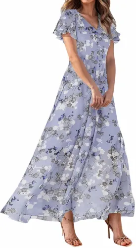 Floral Maxi Dress Casual Summer Chiffon Short Sleeve A Line Dresses for Wedding Guest Classy Tea Party V Neck Dress