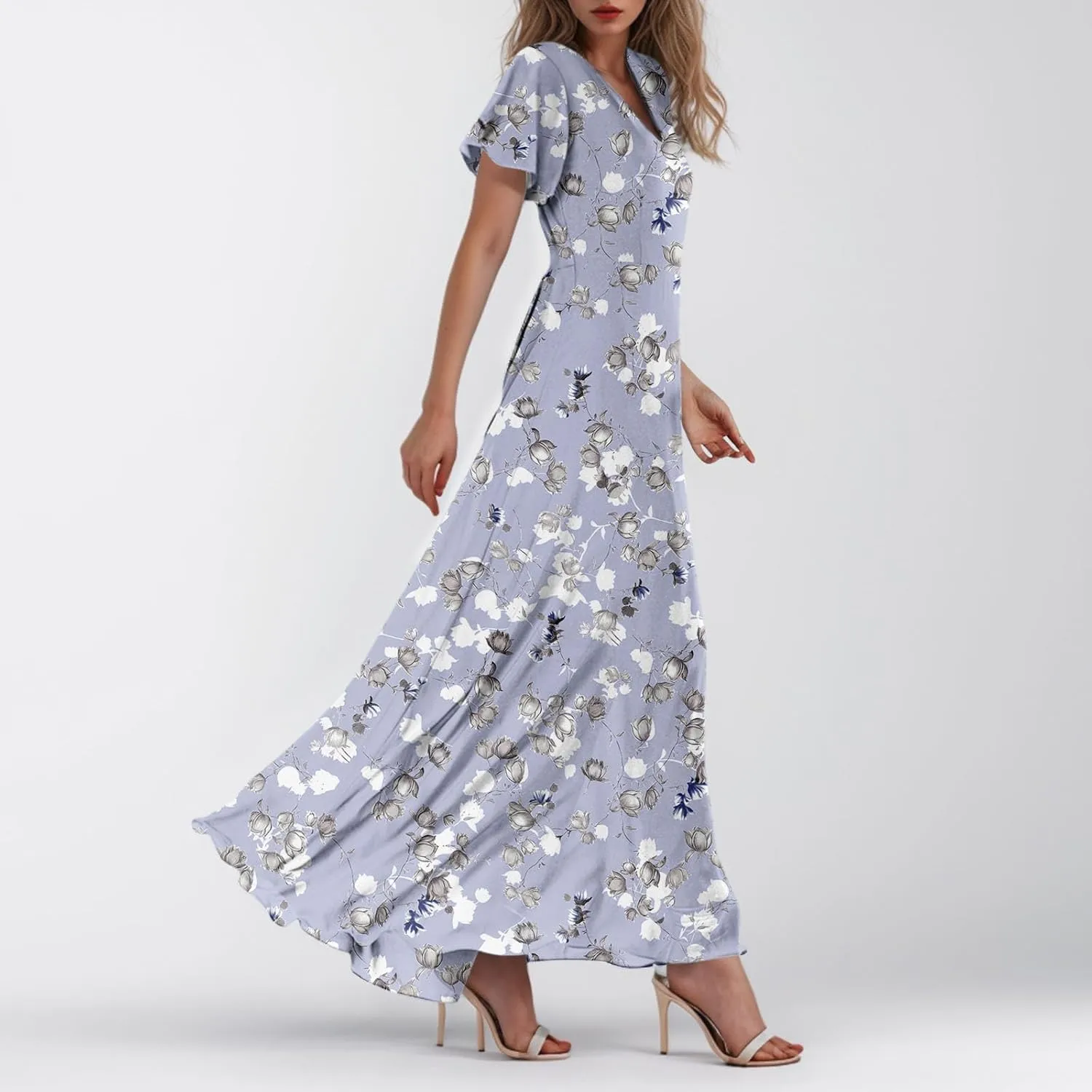 Floral Maxi Dress Casual Summer Chiffon Short Sleeve A Line Dresses for Wedding Guest Classy Tea Party V Neck Dress