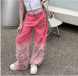 Girls Wide Leg Jeans - Girls Pink Coton Gradient Hole Wide Leg Jeans