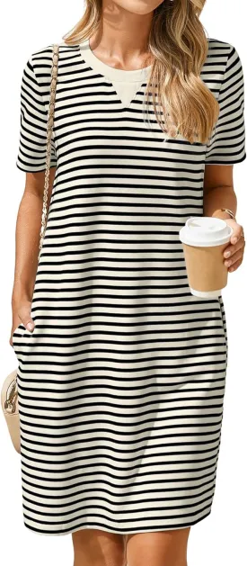 Glamaker Women Summer Tshirt Shift Dress Casual Striped Short Sleeve Crew Neck Knee Length Comfy Dress with Pockets