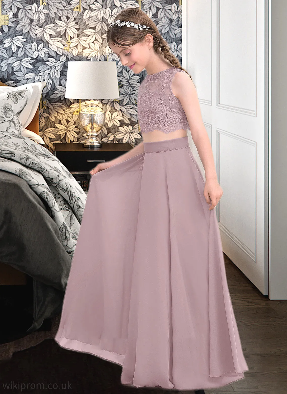 Helena A-Line Scoop Neck Floor-Length Chiffon Junior Bridesmaid Dress SWKP0013316