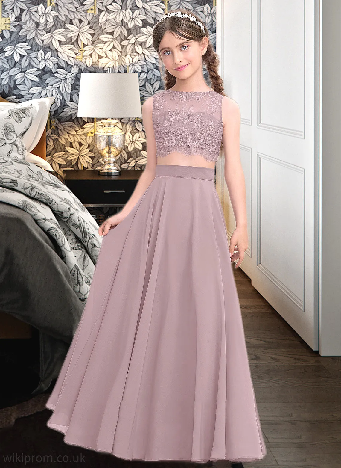 Helena A-Line Scoop Neck Floor-Length Chiffon Junior Bridesmaid Dress SWKP0013316
