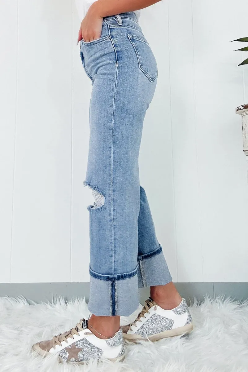 High Rise Asymmetric Ripped Denim