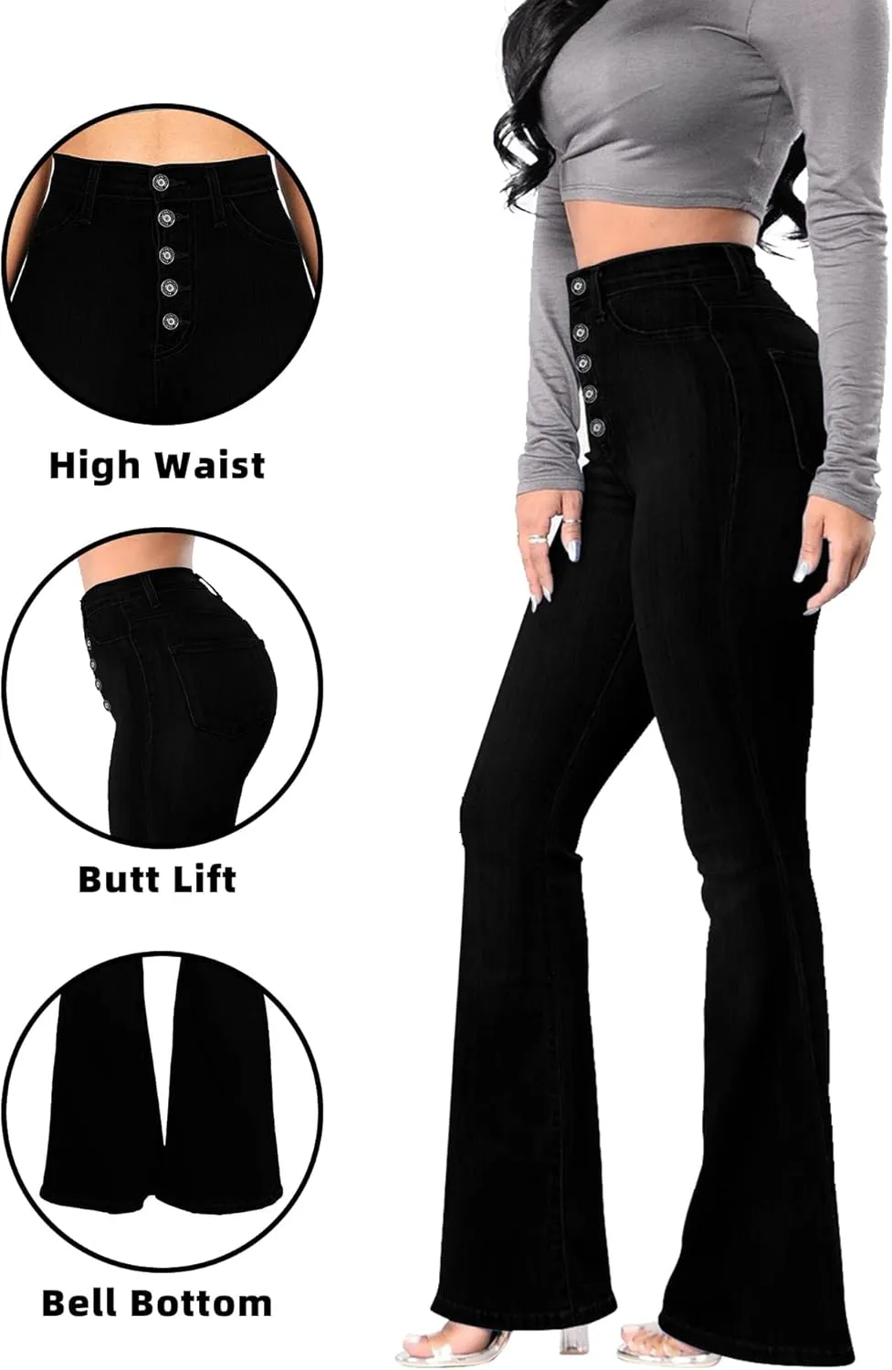 High Waisted Bell Bottom Jeans for Women Black Flare Retro Bootcut Stretch Wide Leg Denim Pants