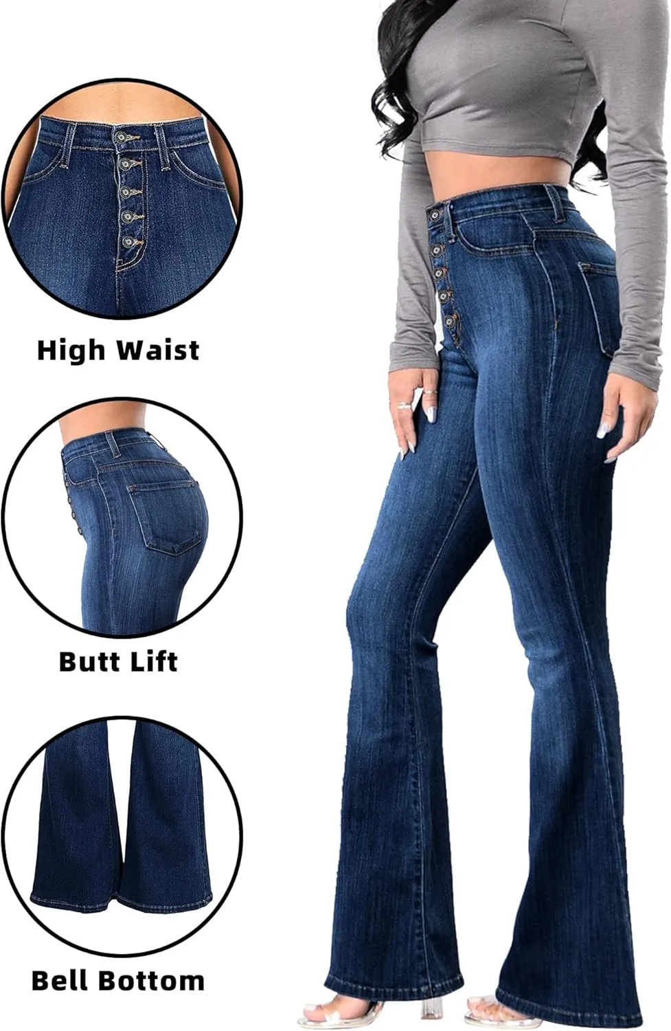 High Waisted Bell Bottom Jeans for Women Black Flare Retro Bootcut Stretch Wide Leg Denim Pants