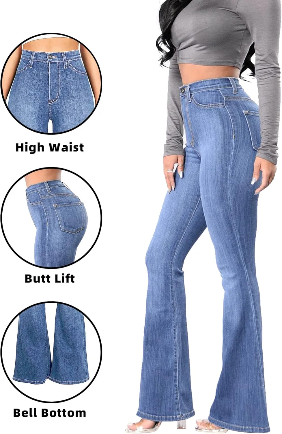 High Waisted Bell Bottom Jeans for Women Black Flare Retro Bootcut Stretch Wide Leg Denim Pants
