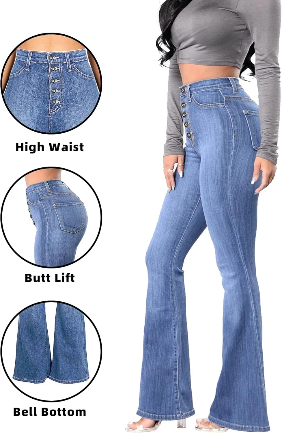 High Waisted Bell Bottom Jeans for Women Black Flare Retro Bootcut Stretch Wide Leg Denim Pants