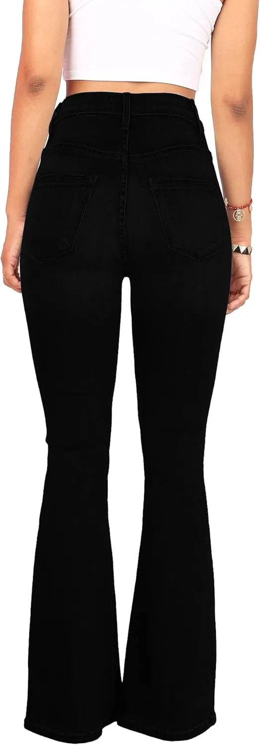 High Waisted Bell Bottom Jeans for Women Black Flare Retro Bootcut Stretch Wide Leg Denim Pants