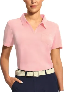 Hiverlay Women's Golf Shirt Short Sleeve V Neck Collar Polo Shirts Athletic Tennis Tops Lightweight Quick Dry UPF 50 