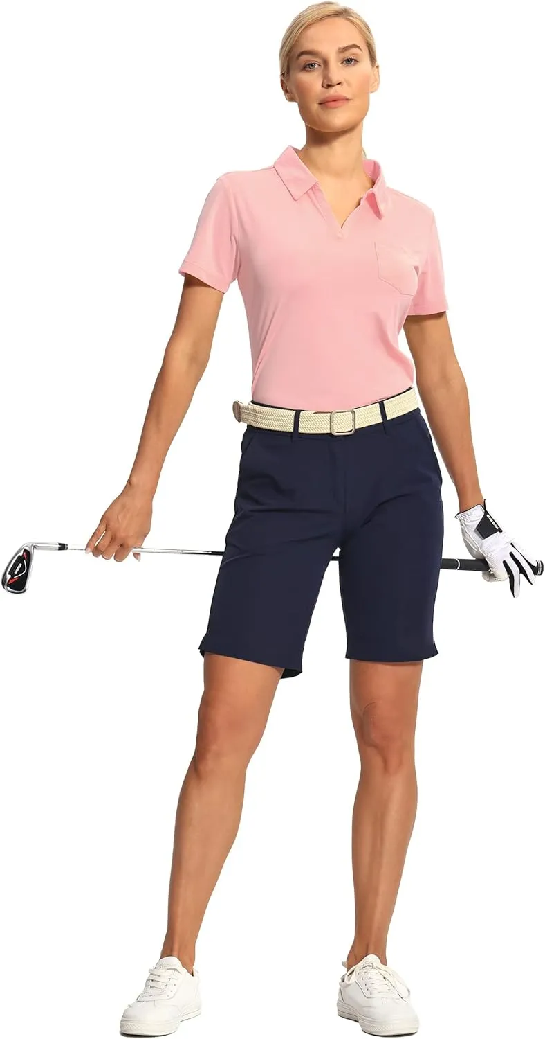 Hiverlay Women's Golf Shirt Short Sleeve V Neck Collar Polo Shirts Athletic Tennis Tops Lightweight Quick Dry UPF 50 