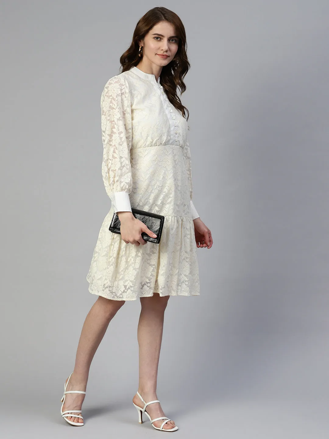 Jashvi Cream Net Tiered Dress