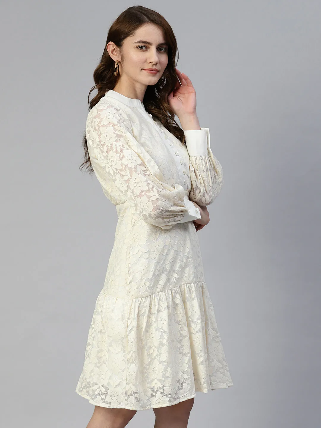 Jashvi Cream Net Tiered Dress