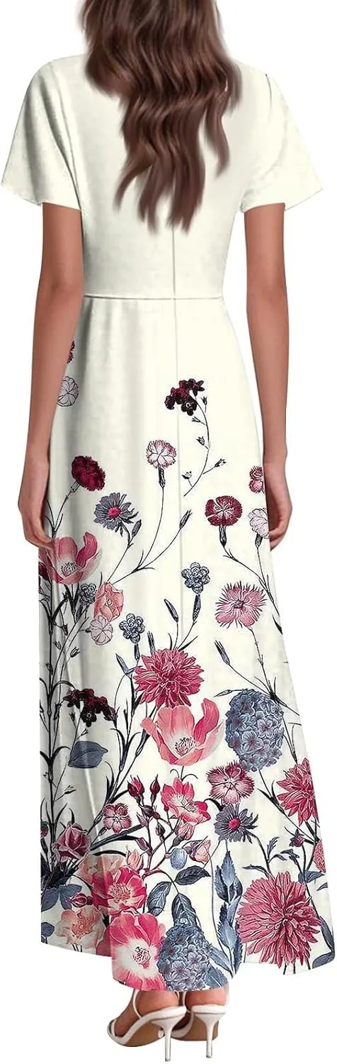 JJHAEVDY Summer Dresses for Women Loose Short Sleeve Dress V Neck Casual Maxi Dress Print Flowy Swing Beach Vacation Dress