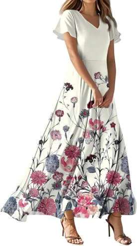 JJHAEVDY Summer Dresses for Women Loose Short Sleeve Dress V Neck Casual Maxi Dress Print Flowy Swing Beach Vacation Dress