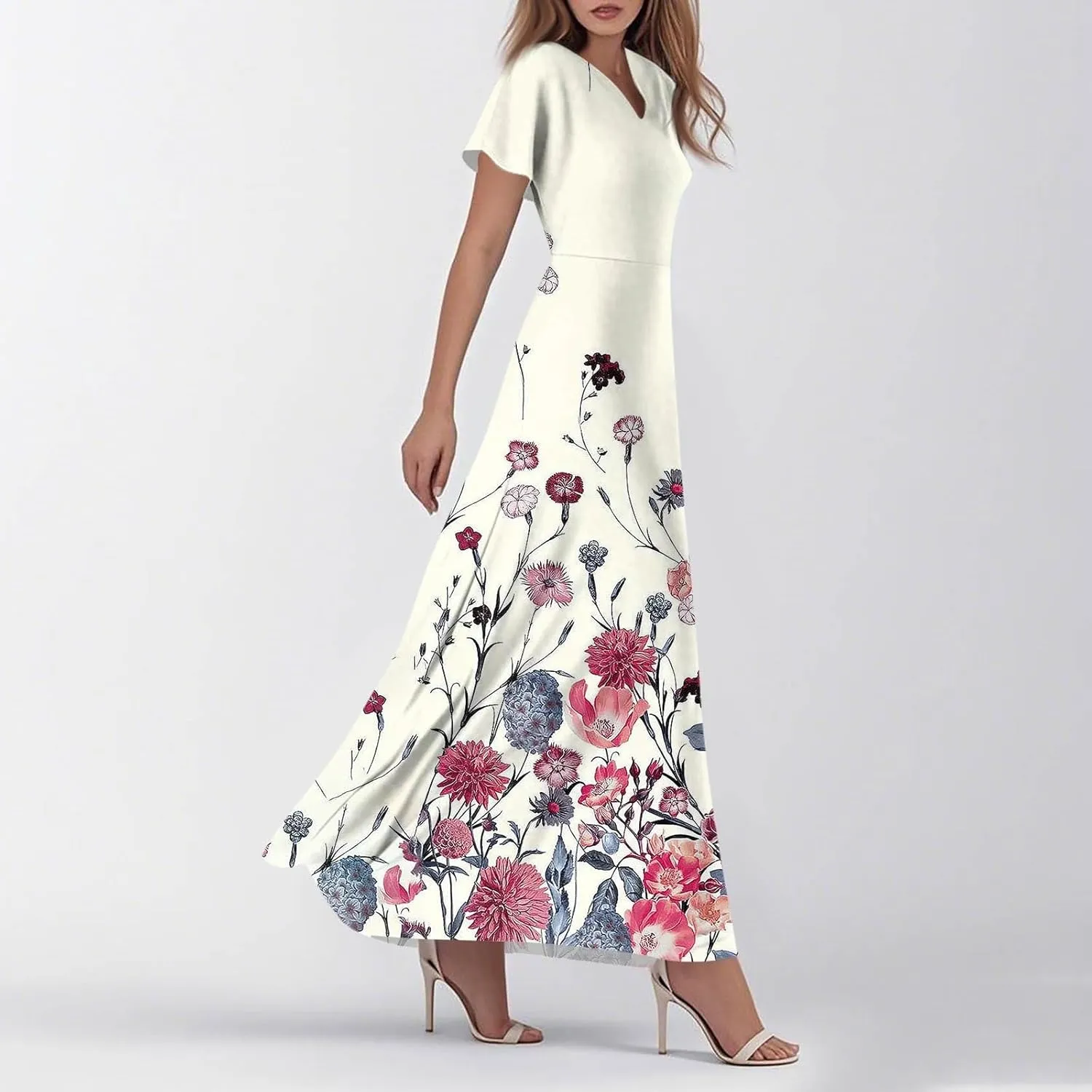JJHAEVDY Summer Dresses for Women Loose Short Sleeve Dress V Neck Casual Maxi Dress Print Flowy Swing Beach Vacation Dress