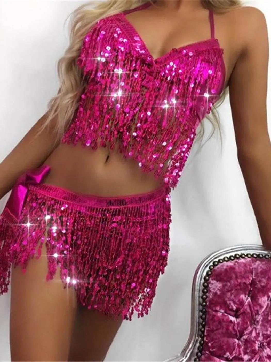Kakaco Belly Dance Skirt with Crop Top Sequins Fringe Skirts Set Rave Dance Bra Top Party Costume Outfits for Women and Girls