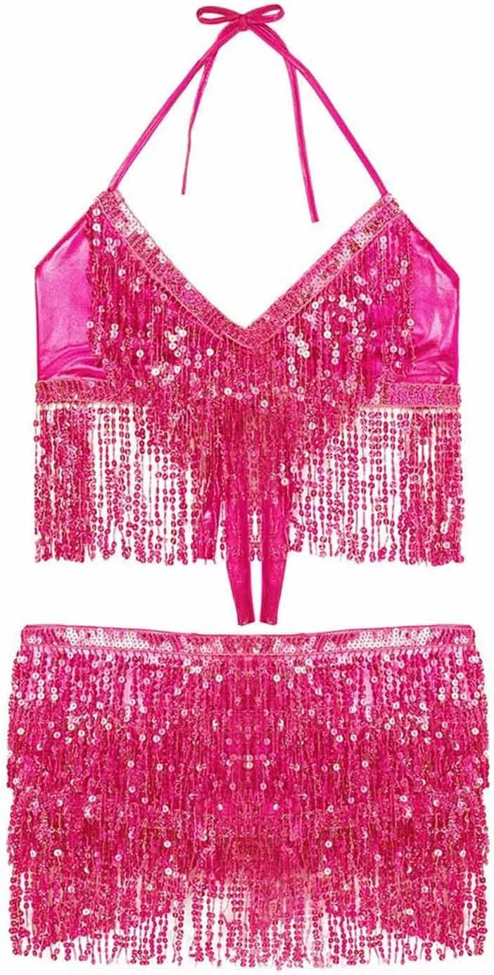 Kakaco Belly Dance Skirt with Crop Top Sequins Fringe Skirts Set Rave Dance Bra Top Party Costume Outfits for Women and Girls