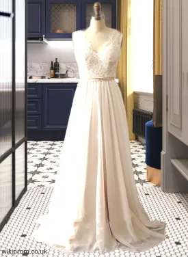 Karissa A-Line V-neck Court Train Chiffon Wedding Dress SWKP0013785