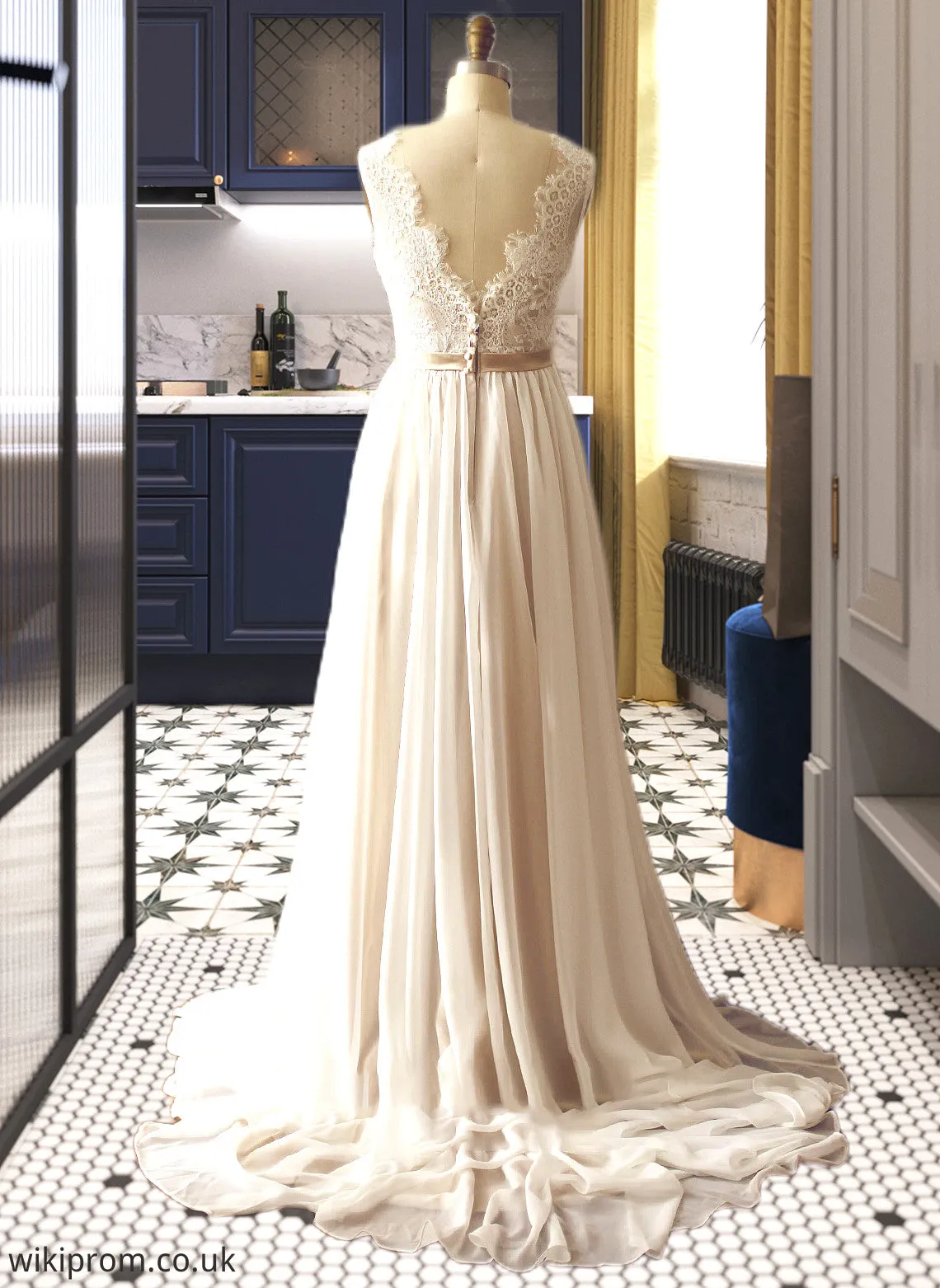 Karissa A-Line V-neck Court Train Chiffon Wedding Dress SWKP0013785