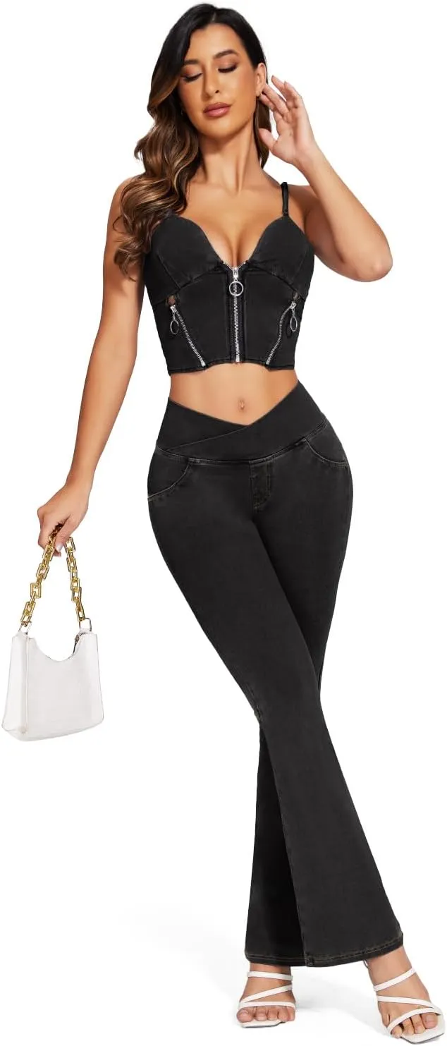 KIWI RATA Flare Jeans for Women, Tummy Control High Waisted Stretchy Pants, Trendy Crossover Bell Bottom Jeans
