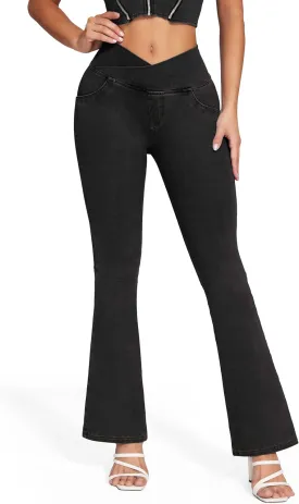 KIWI RATA Flare Jeans for Women, Tummy Control High Waisted Stretchy Pants, Trendy Crossover Bell Bottom Jeans