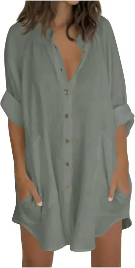 Linen Dress for Women Cotton Button Down Short Sleeve Tshirt Dresses Casual Loose Flowy V Neck Mini Beach Dress