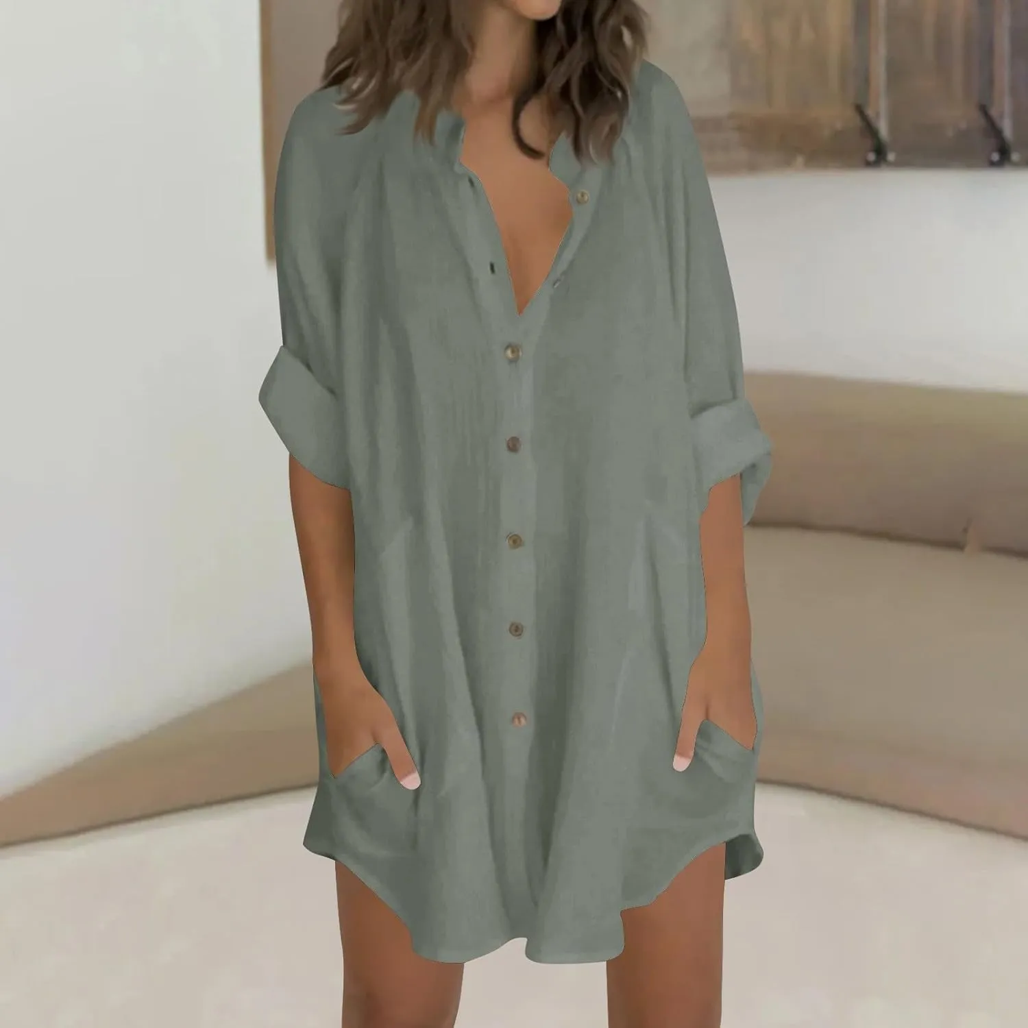 Linen Dress for Women Cotton Button Down Short Sleeve Tshirt Dresses Casual Loose Flowy V Neck Mini Beach Dress