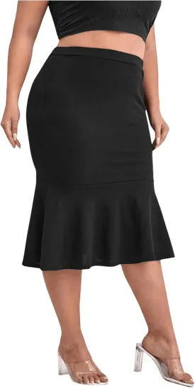 MakeMeChic Women's Plus Size Ruffle Hem High Waist Bodycon Pencil Skirt
