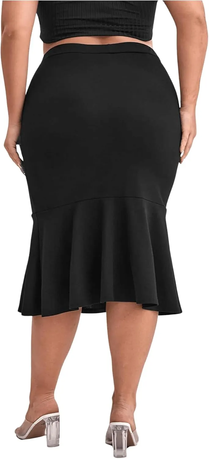 MakeMeChic Women's Plus Size Ruffle Hem High Waist Bodycon Pencil Skirt