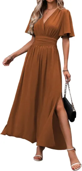 Maxi Dress for Women Wrap V Neck Short Sleeve Empire Pleated Waist Summer Casual Elegant Long Dresses with Pockets
