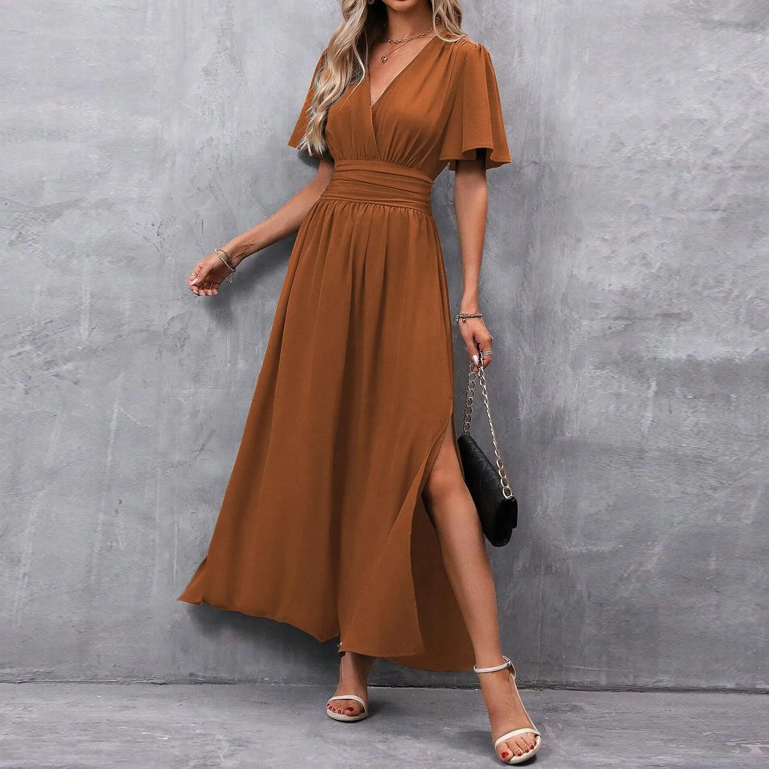 Maxi Dress for Women Wrap V Neck Short Sleeve Empire Pleated Waist Summer Casual Elegant Long Dresses with Pockets