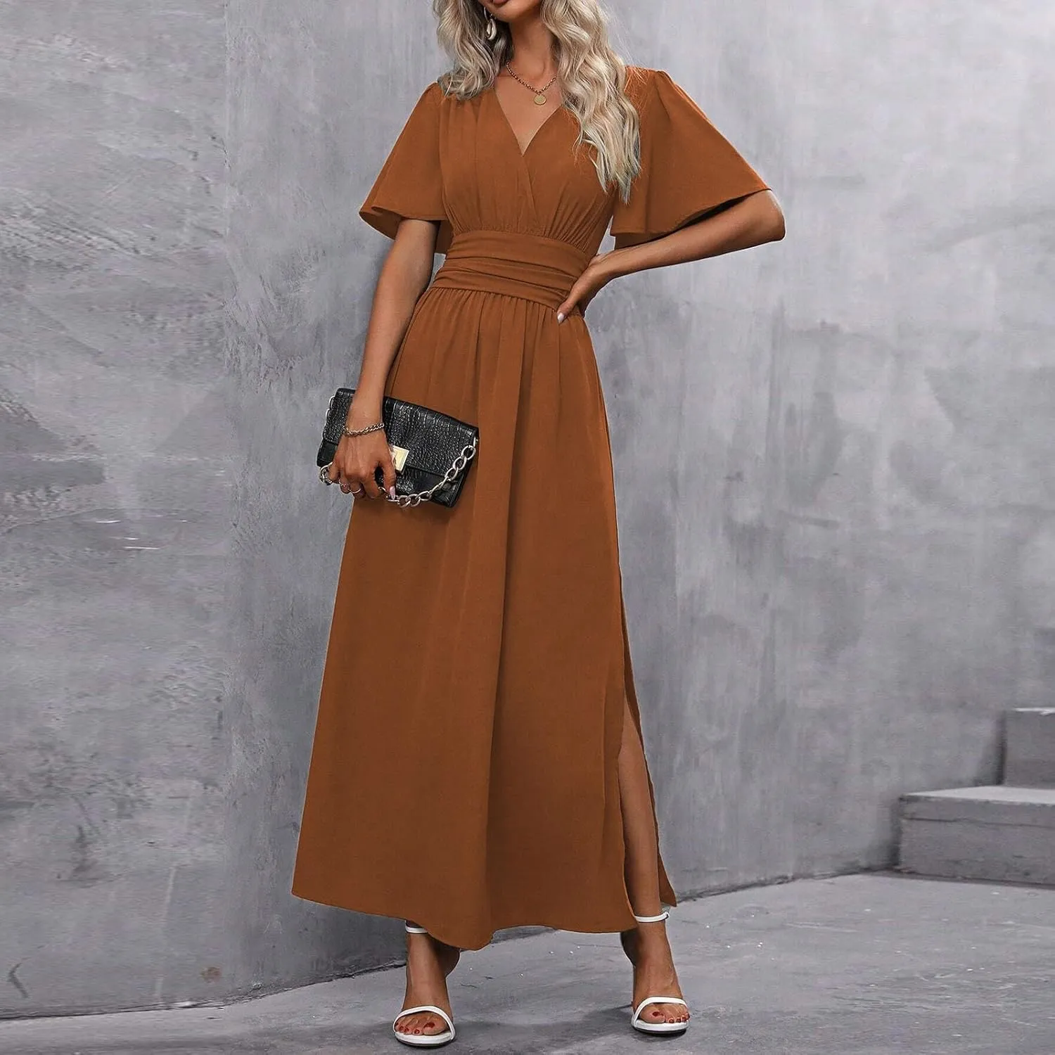 Maxi Dress for Women Wrap V Neck Short Sleeve Empire Pleated Waist Summer Casual Elegant Long Dresses with Pockets