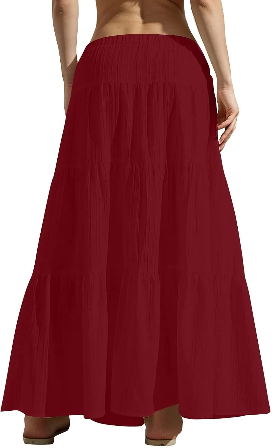 Maxi Skirts for Women Flowy Drawstring Elastic Waist Tiered Ruffle Hem Skort Summer Casual Solid Color A Line Skirt