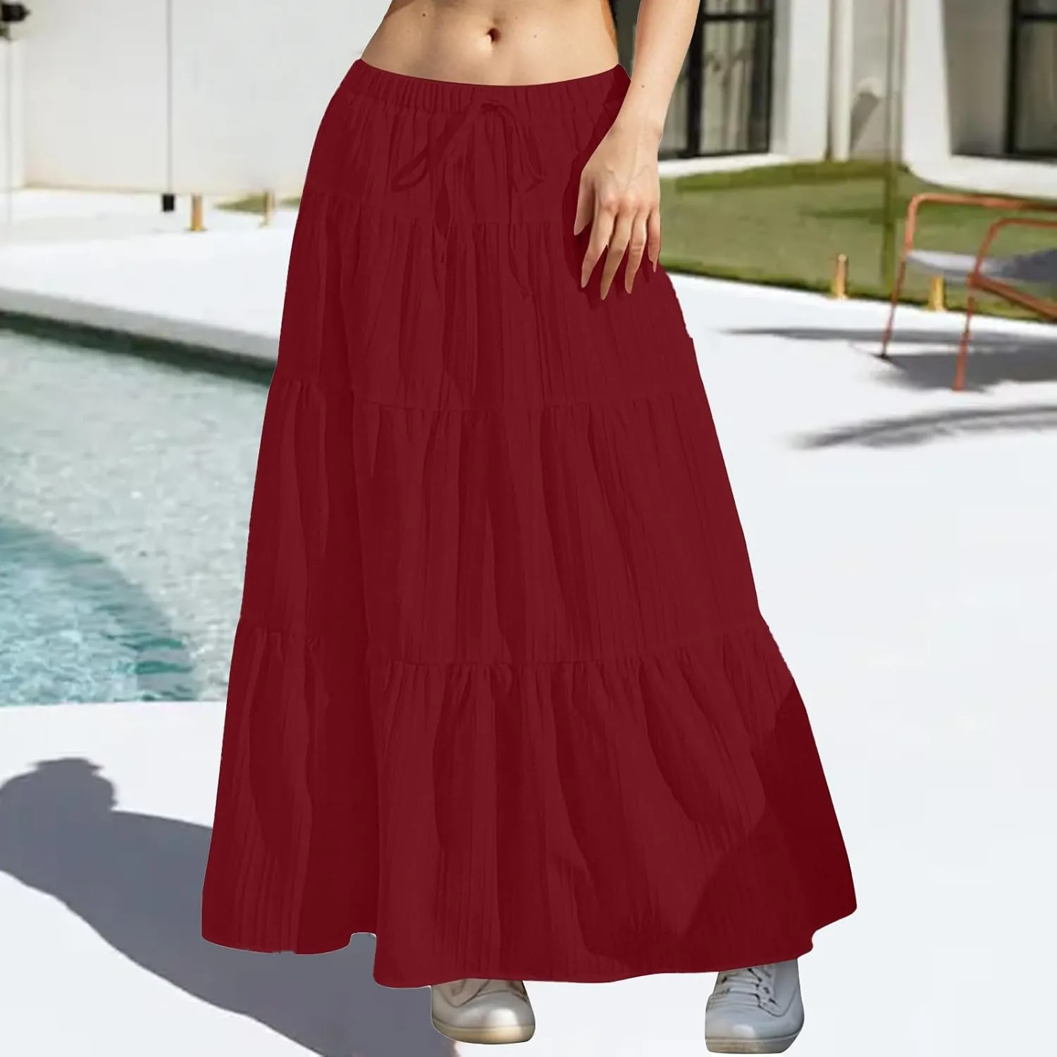 Maxi Skirts for Women Flowy Drawstring Elastic Waist Tiered Ruffle Hem Skort Summer Casual Solid Color A Line Skirt