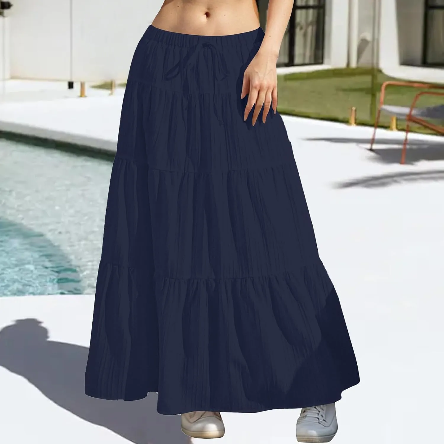 Maxi Skirts for Women Flowy Drawstring Elastic Waist Tiered Ruffle Hem Skort Summer Casual Solid Color A Line Skirt