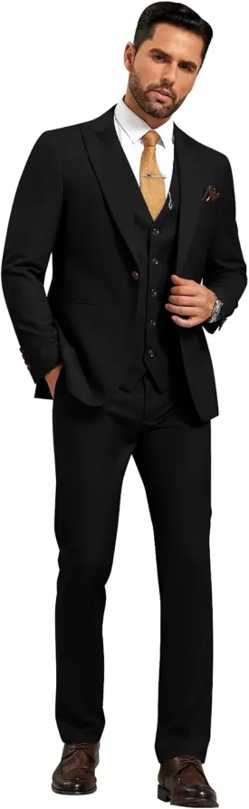 Mens Suit Solid Two Button Slim Fit Suit Set for Wedding Formal Business Suit Men 3 Piece Suit Blazer Vest Pants Set