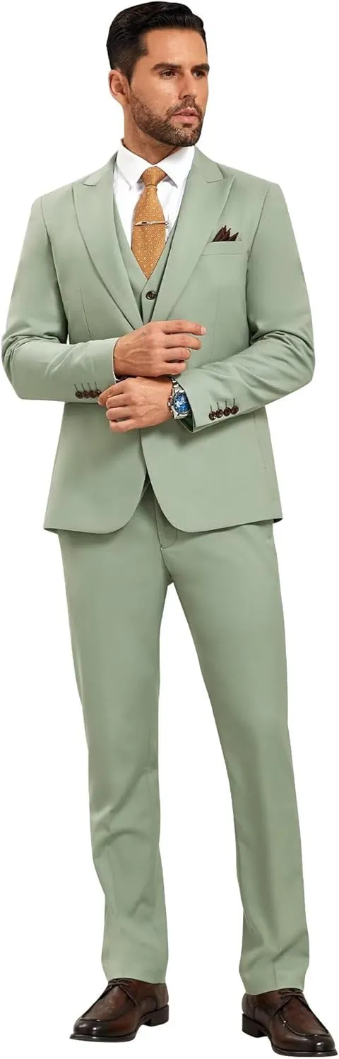 Mens Suit Solid Two Button Slim Fit Suit Set for Wedding Formal Business Suit Men 3 Piece Suit Blazer Vest Pants Set