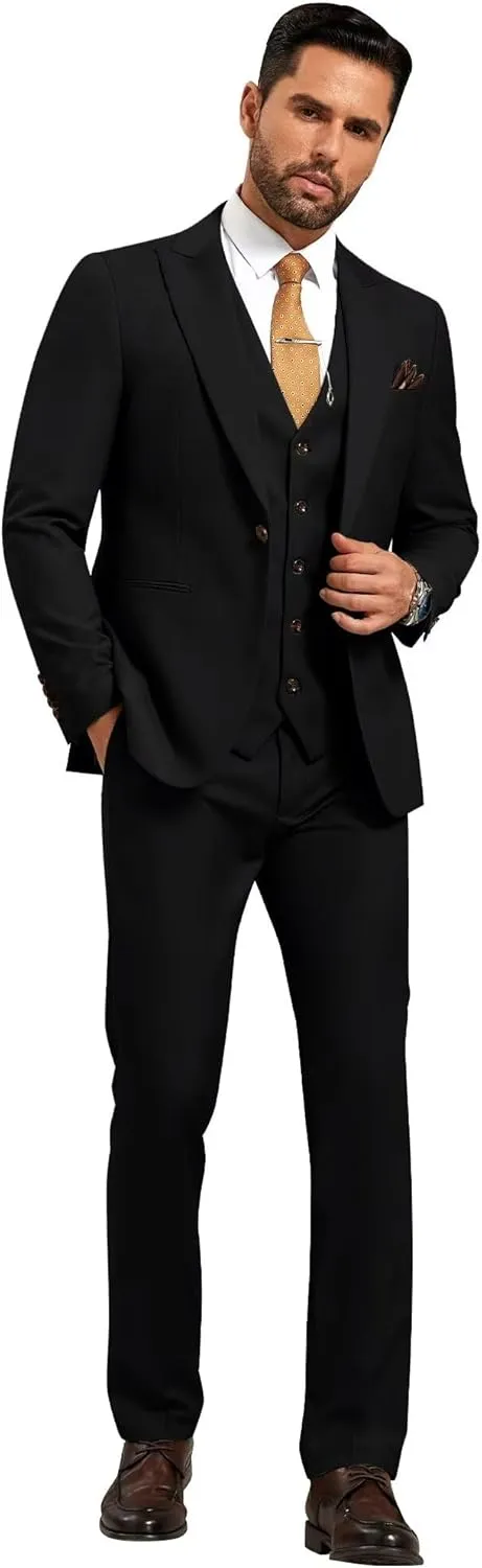 Mens Suit Solid Two Button Slim Fit Suit Set for Wedding Formal Business Suit Men 3 Piece Suit Blazer Vest Pants Set