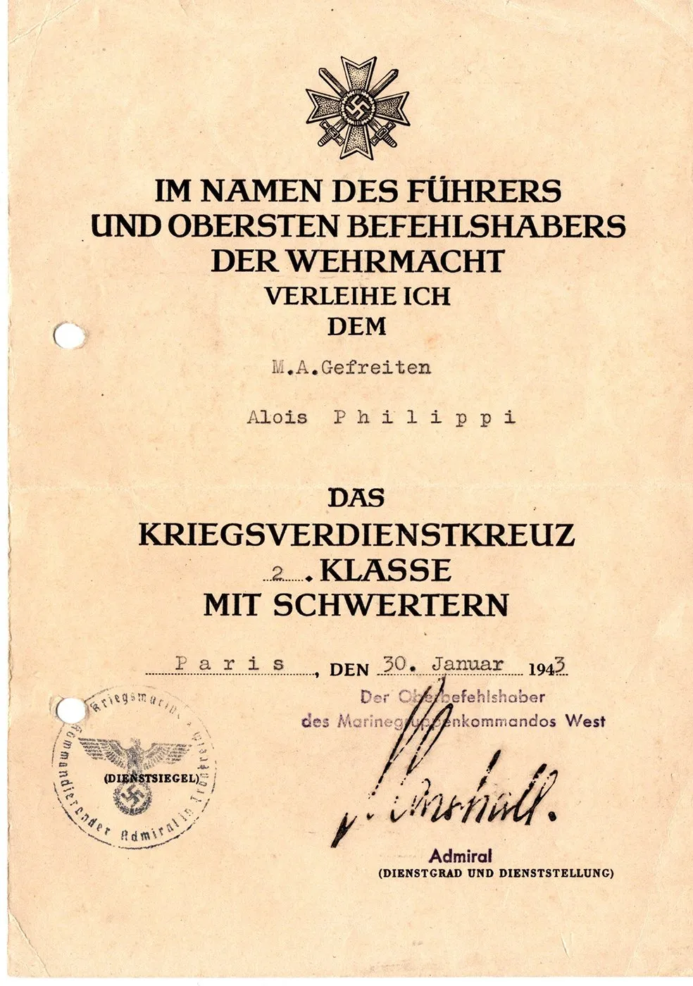 Original German WWII Identified Kriegsmarine War Service Cross Medal with Award Document, Packet and Photo