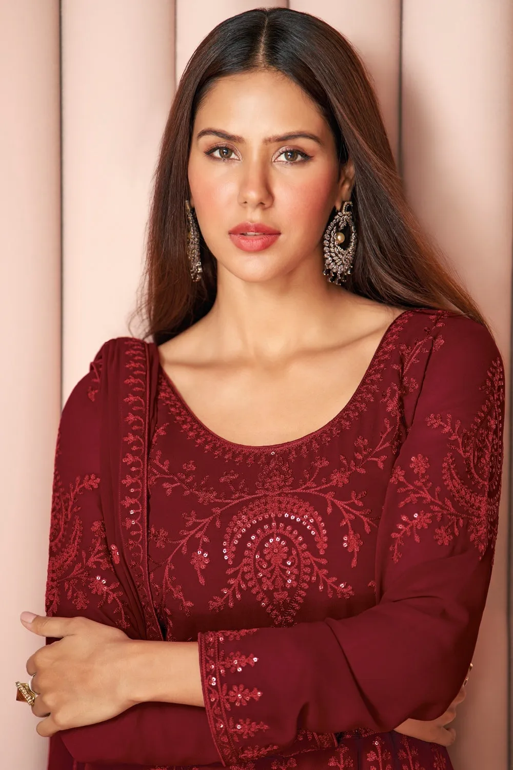 Party Wear Delightful Maroon Palazzo Style Salwar Suit