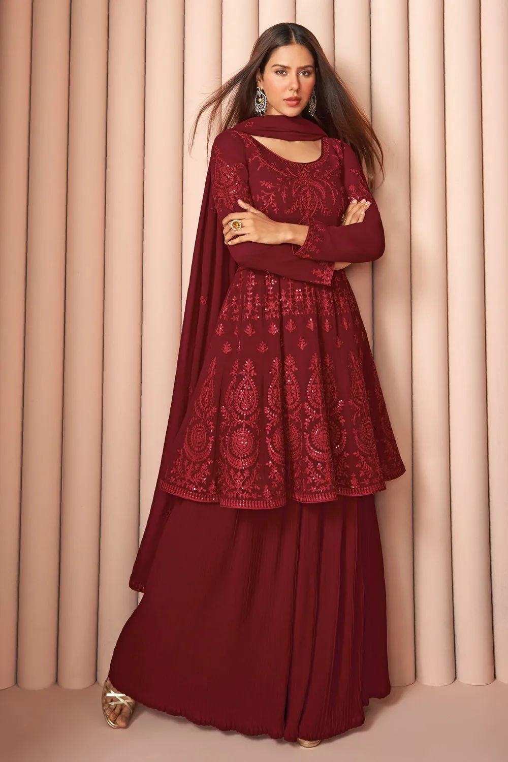 Party Wear Delightful Maroon Palazzo Style Salwar Suit