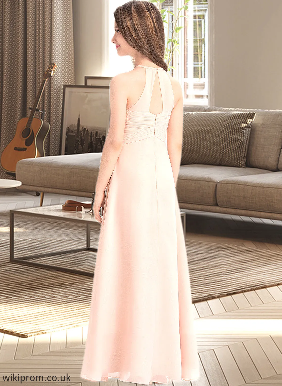 Pauline A-Line Scoop Neck Floor-Length Chiffon Junior Bridesmaid Dress With Ruffle SWKP0013528